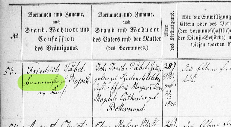 Kirchenbuchrätsel (7) –  Welchen Beruf übt der Bräutigam aus? Heirat 1869 in Aken